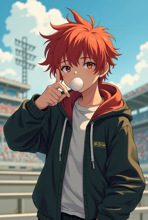 semirealistic anime drawing where the boy is posing in the stands somewhere with a bubble of gum, his hair is half-long and brushed backwards in red and with oversized clothes