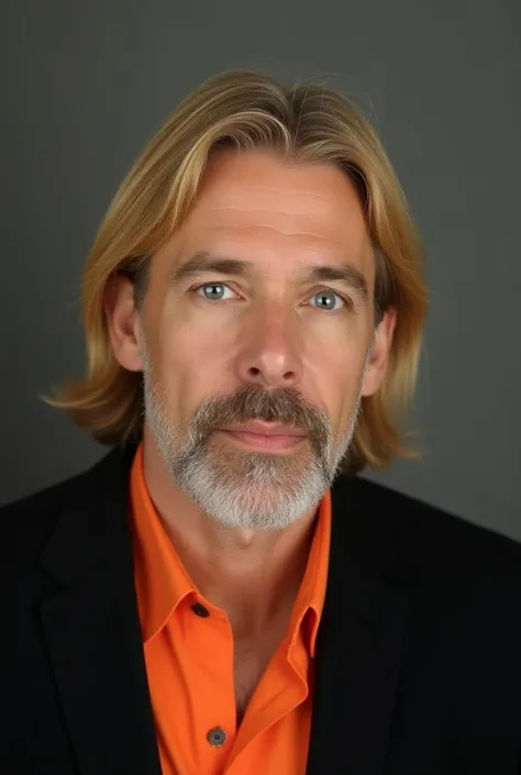 Passport-type HD photo of a 45-year-old Guatemalan man, light skinned, blonde straight hair, blue eyes, ELONGATED FACE, Without Beard, neutral expression. Wearing a black suit and an orange shirt.