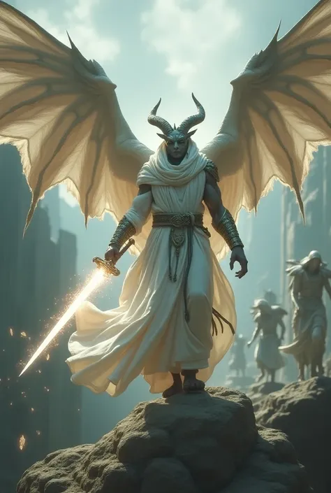  Gargoyle warrior in white robes with large wings holding a sword of light, flying over threshold areas ,  together with warrior angels of light and fighting demons 