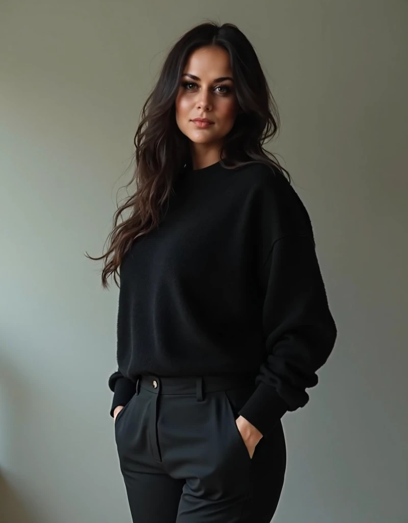 Super real photo, 38 year old, short stature, ((moderately curvy figure)), dark long hair , brunette european woman with long dark,   woman in black sweater and pants , standing in the room,   in black modern clothes  ,  casual black clothes ,  black wool ...