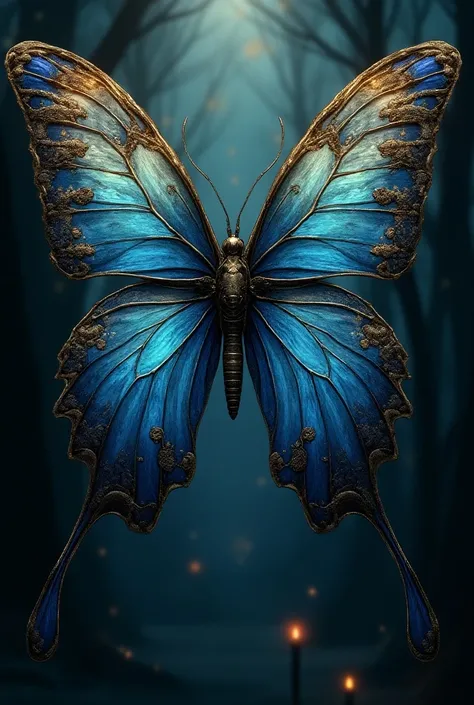 Blue and gold butterfly with Gothic and sensual touches draw it on paper 