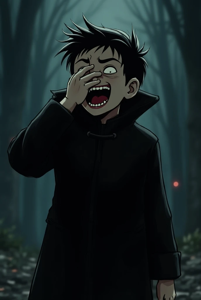 Boy in a black villains coat laughing madly at sadness and madness , with his eyes covered with his hand but with the darkness of the night comic version