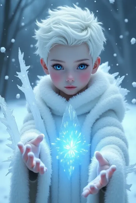 Create a fair-skinned boy ,  white-haired and blue-eyed capable of manipulating ice