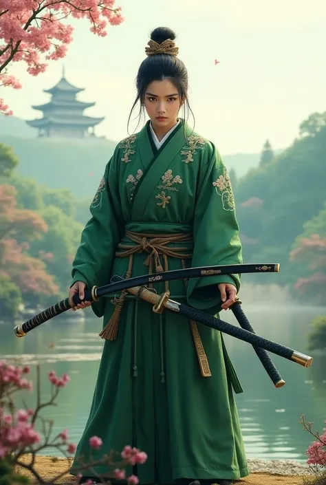 A samurai from the dragon clan ,  wearing a green kimono wielding a katana and a wakizashi in front. Against the background of a medieval Japanese landscape