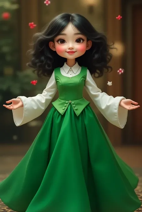 THE ASIAN HALFBALL GIRL, WEARING A GREEN DRESS LIKE A CASINO DOWLER, IS RAISING HER ARMS SPREAD OUT AND SMILING.