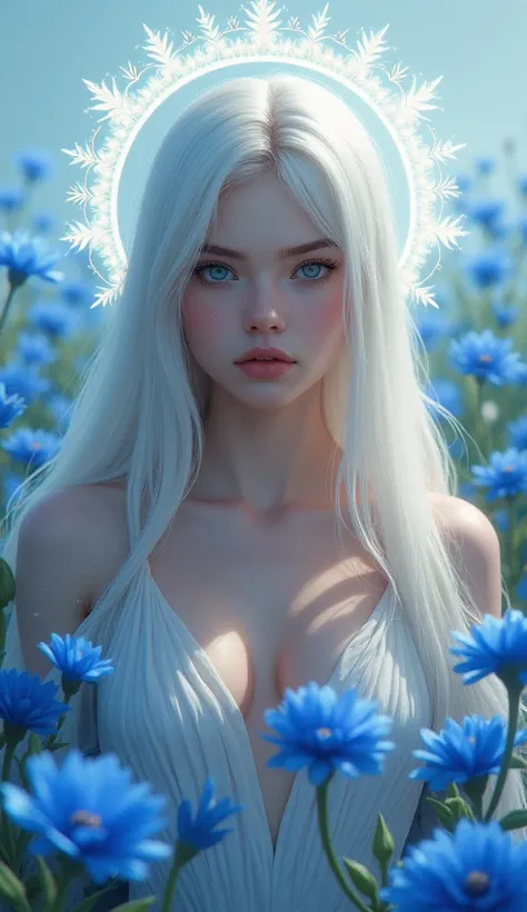 Realistic image,  young European woman , Long straight hair, white hair, bulky body, small waist, parts, blue eyes, corona, feminine traits, innocent dress ,  blue flower field background