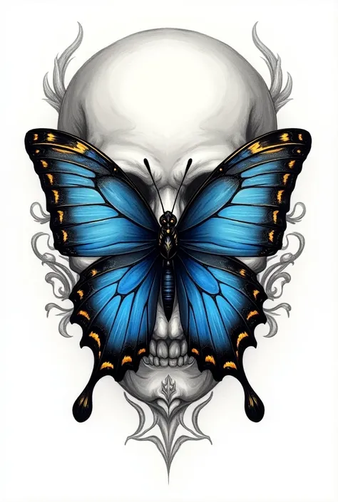 Blue and gold butterfly with Gothic and sensual touches draw it on art paper black and white tattoos with a skull in the background 