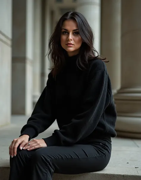 Super real photo, 38 year old, short stature, ((moderately curvy figure)), dark long hair , brunette european woman with long dark,   woman in black sweater and pants , sits on a step in a building with columns ,   in black modern clothes  ,  casual black ...