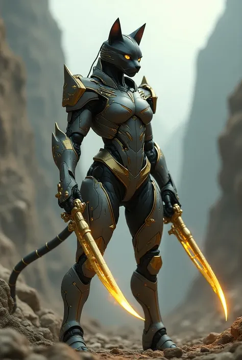 African female cat armor robot with long gold claws