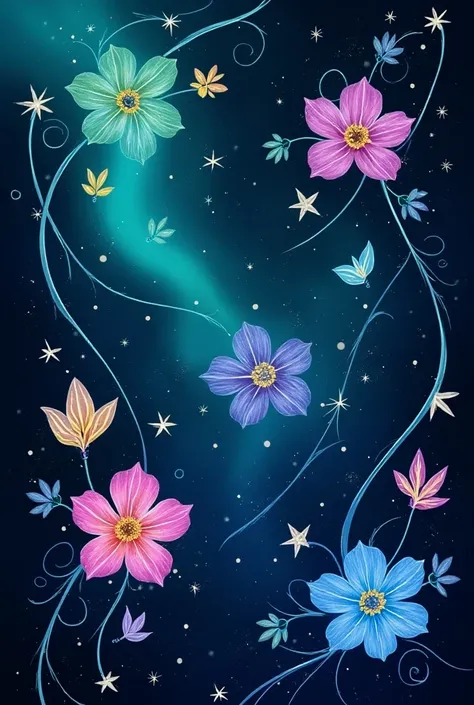 Create a vibrant floral pattern that captures the essence of the aurora borealis. Incorporate flowers in shades of green, blue, purple, and pink, intertwined with wavy lines that mimic the dancing lights of the sky. The flowers should appear illuminated, a...