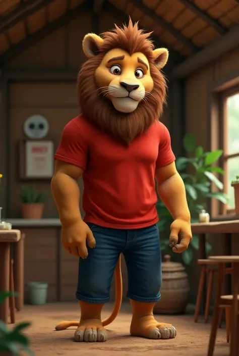 A human-looking lion with big eyes, wearing a red T-shirt and blue pants, standing in a thatched house and speaking