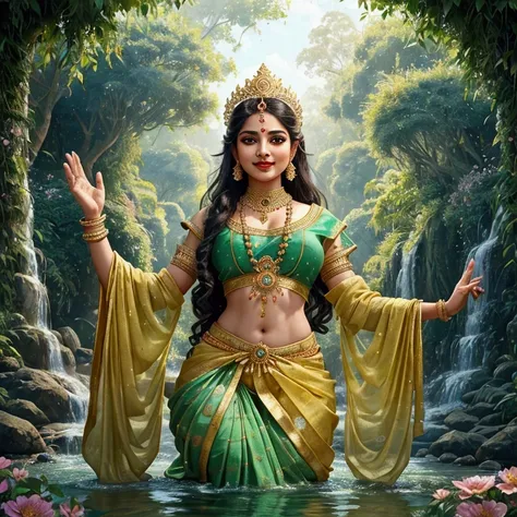 Depict Raja Chitrarath joyfully immersed in a tranquil river, surrounded by enchanting apsaras. Raja Chitrarath is portrayed in regal attire with a majestic crown, radiating confidence and charm. The apsaras, adorned in colorful, flowing garments, dance gr...