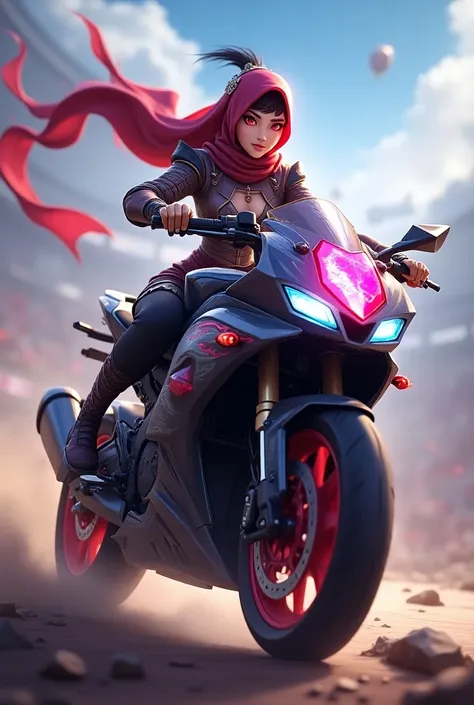 logo name "creator" diao chan appearance Hero arena of valor with artgerm hijab complete with riding a sports motorbike writing with "creator" on 3d gemstone