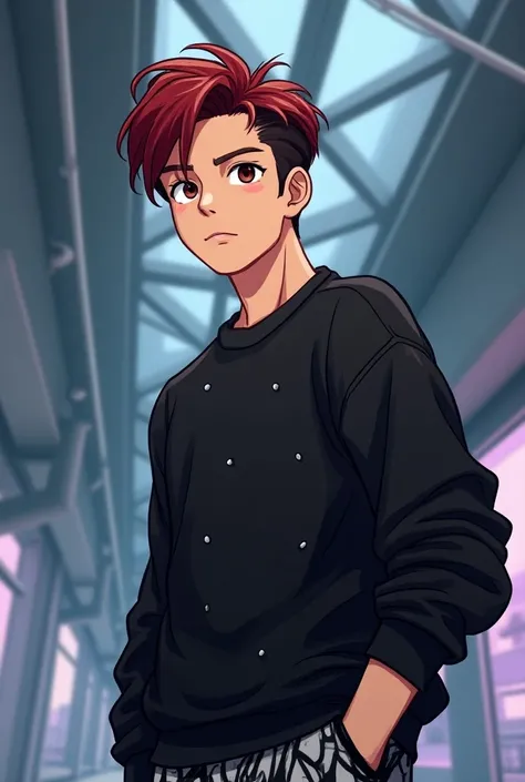  A young man posing with a confident and somewhat relaxed expression , with the head slightly tilted back.  He wears a black sweatshirt with a discreet design on the chest made of shiny dots .  His hair is dark red with dark tones ,  and is completely styl...