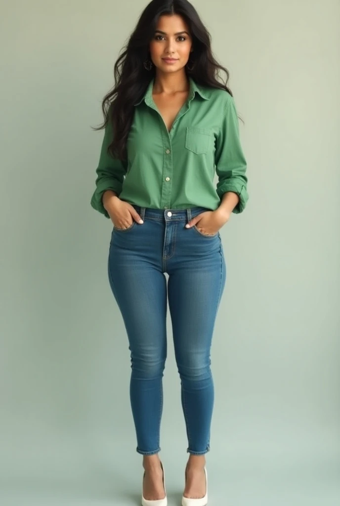 Real image of Indian Bhabhi in round face small nose white high heels green shirt blue jeans