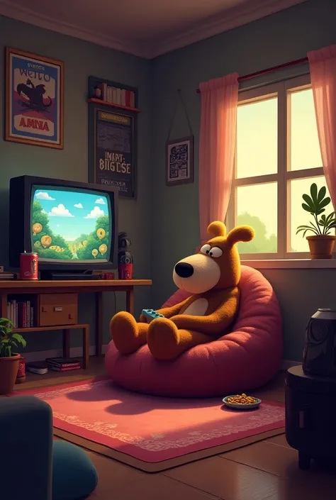 "A cozy, lofi-style gamer room with soft lighting, filled with warm colors. In the center, Shaggy is sitting on a comfortable beanbag, playing a video game on a TV screen. The room has posters of classic games on the walls, a small bookshelf with game-rela...