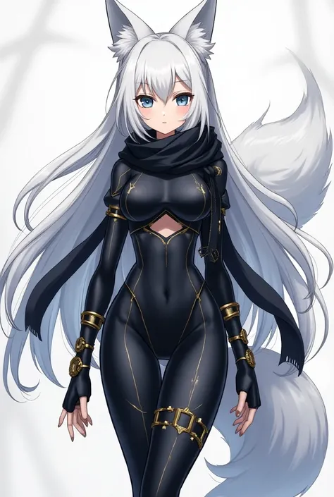 A female anime character that has long white hair that falls down to her waist, icy blue eyes with vertically slit pupils, white fox ears atop her head, a long bushy white fox tail, a slender/curvy physique, ample chest, and fair skin. She wears a sleek eb...