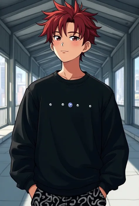  A young man posing with a confident and somewhat relaxed expression , with the head slightly tilted back.  He wears a black sweatshirt with a discreet design on the chest made of shiny dots .  His hair is dark red with dark tones ,  y is completely backbr...