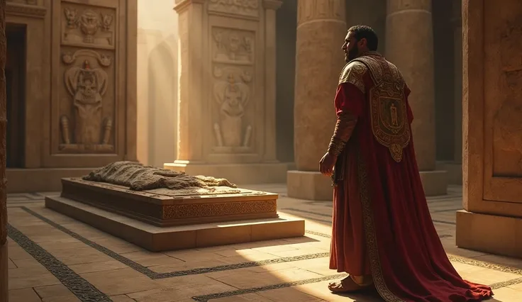   A scene of King Darius arriving at the grave ,  looking inward with an expression of hope and fear, as he calls for Daniel ,  waiting anxiously for an answer .
In Babylon 