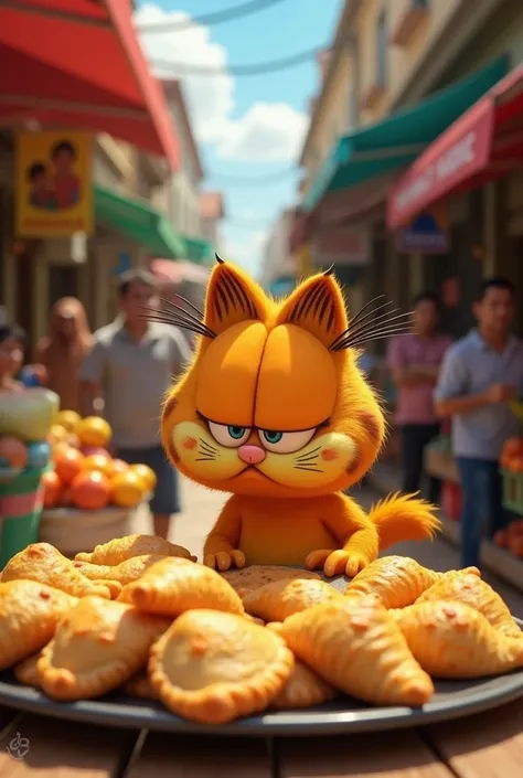  Garfield and John are at a local market in Colombia ,  where a lady offers fruit and a wide variety of empanadas and arepas. Garfield looks at a tray of empanadas suspiciously  