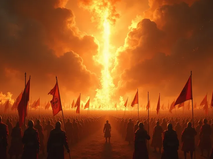 A fiery scene of the heavens opening, as a massive beam of fire descends from above, consuming the vast armies gathered by Satan. The rebellious soldiers and their banners are engulfed in flames, with a bright light from the heavens symbolizing Gods swift ...