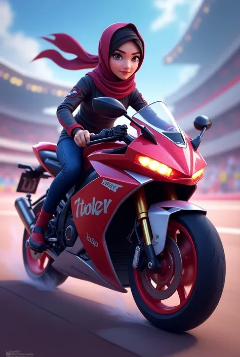 name logo "tiktoker" diao chans appearance Arena of valor hero wearing hijab with complete skin riding a sports motorbike with the words "tiktoker" on 3d gemstones