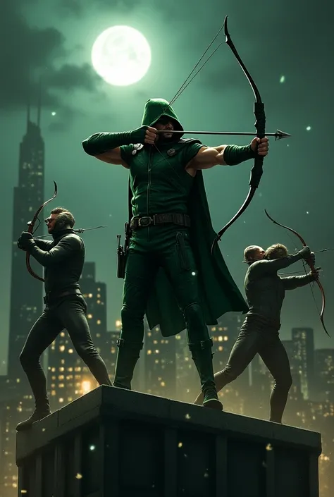 Image of the CWs Green Arrow fighting villains atop a building at night 