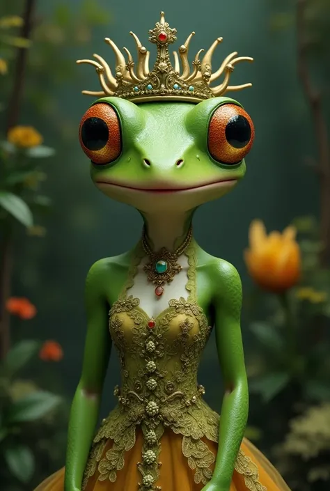 a cute frog girl wearing a detailed dress and crown, fantastical background, ultra-realistic,8k,photo-realistic,highly detailed,masterpiece,intricate details,dramatic lighting,vibrant colors,digital art