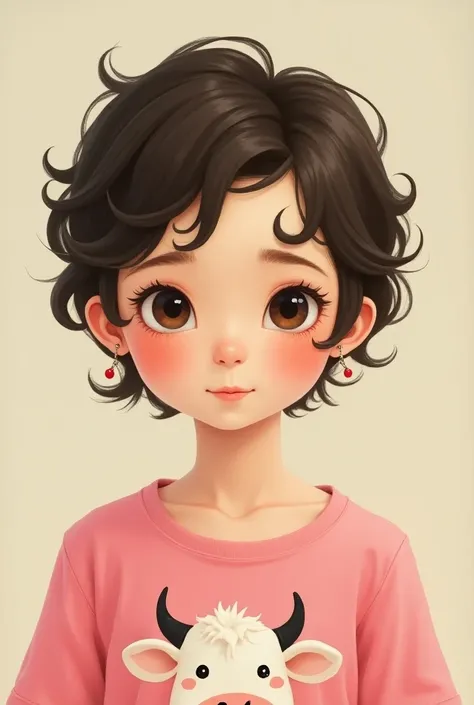 Create an image of a  girl of approximately  who has light beige skin, small ear with small earring ,With slightly drawn dark brown eyes,  short hair with curled dark brown curls ,  with a pink shirt , with an ox design 