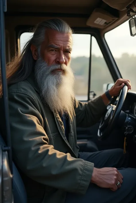 Create a martial arts master with long hair and a long beard driving a vehicle