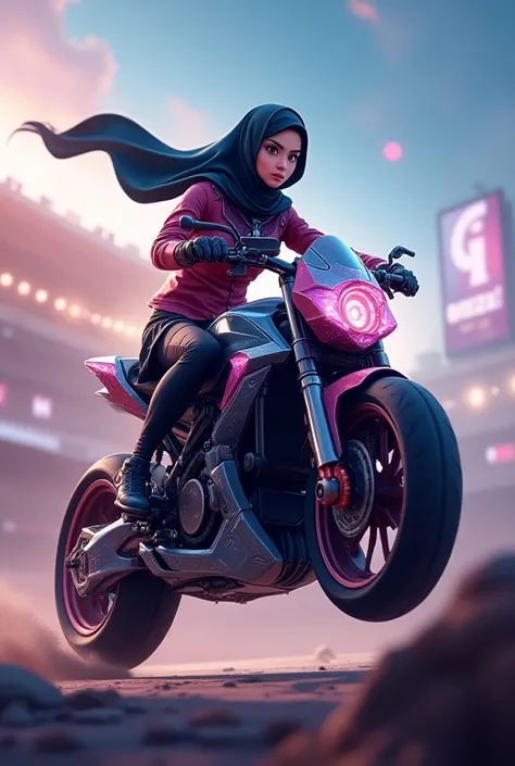 name logo "tiktoker" diao chans appearance Arena of valor hero wearing a hijab with complete skin riding a large unique motorbike like a robot writing "tiktoker" on 3d gemstones