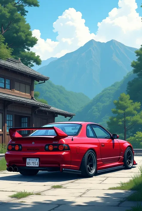 An 2D anime vector artwork reveals a  gorgeous Red Nissan Silvia S15 parked in a remote village from the japanese mountains, the car shows small modifications in a soft but powerfull racing design, the sunlight passes through the leaves casting a visible n...