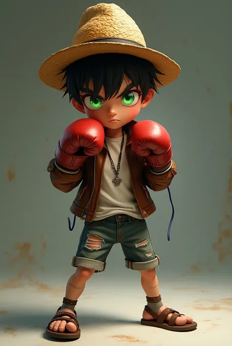 A boy with bright green eyes wearing boxing gloves with a leather jacket with ripped sleeves wearing shorts wearing slippers and anime-style straw hat