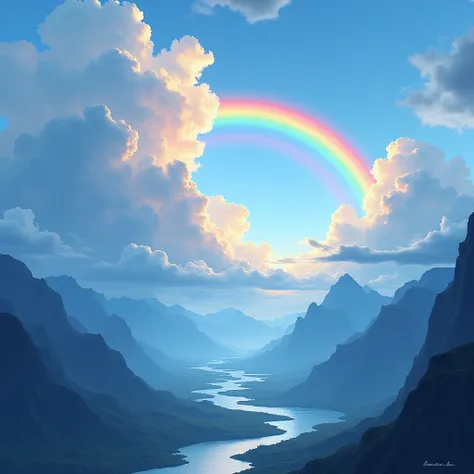 Create a realistic illustration of a cloudy sky with light rain and giant clouds from which a beautiful, colorful rainbow emerges surrounded by blue mountains and rivers