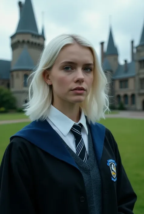 Please show me a live-action photo of a 17-year-old woman with white all-back hair and a Ravenclaw student uniform at Hogwarts