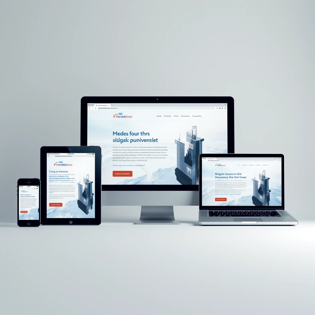 image showing different  (Mobile phone, tablet, laptop, desktop)  devices with a split screen showing a responsive website that adapts perfectly to each screen.