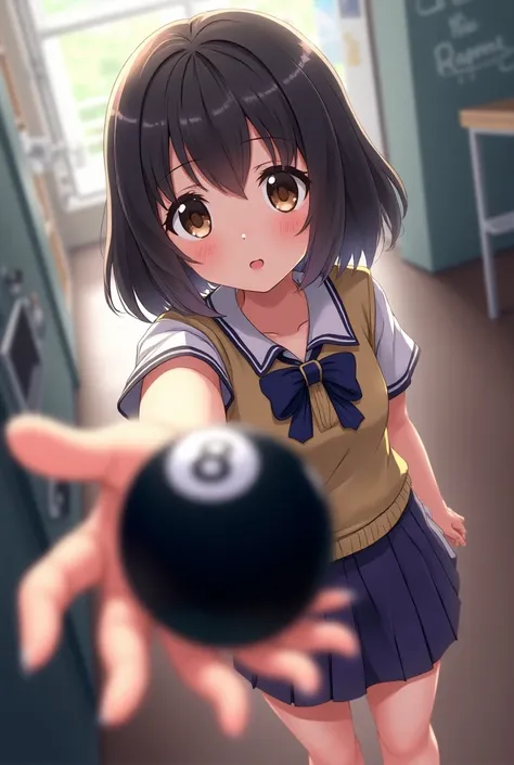 A HIGH SCHOOL ANIME GIRL HOLDING A BLACK 8-BALL IN HER HAND 