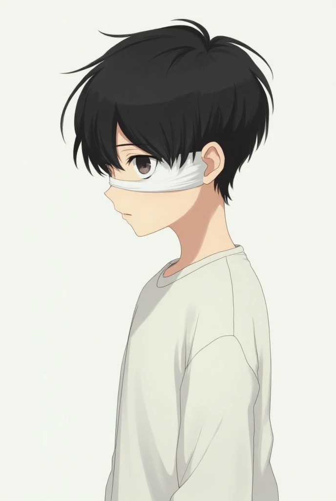  boy, sad, skinny, wearing a white sweater, having a white bandege covering his right eye, looking at user, side profile, anime art style 