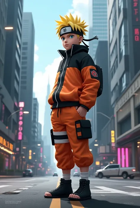  Stylish realistic 3D Naruto standing on the roadside,against the backdrop of a sophisticated cyber punk city 