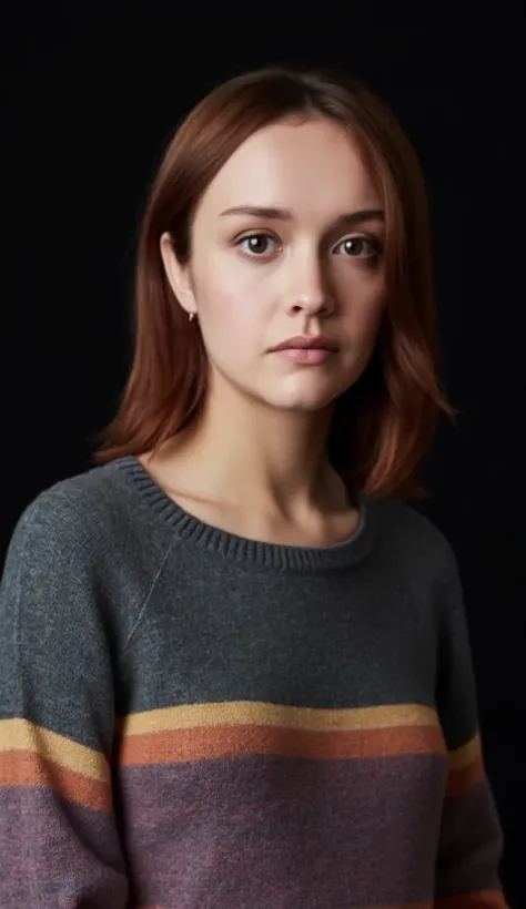 A closeup portrait photo of a woman with medium length hair who gazing directly at the camera with a neutral expression. She is wearing a multicolored knitted sweater against a dark background. Spotlight illumination.