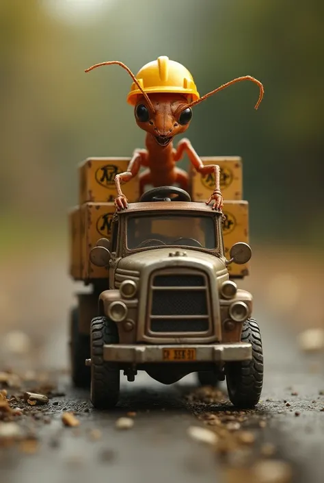 Create an ant wearing a safety helmet and driving a car loaded with beer