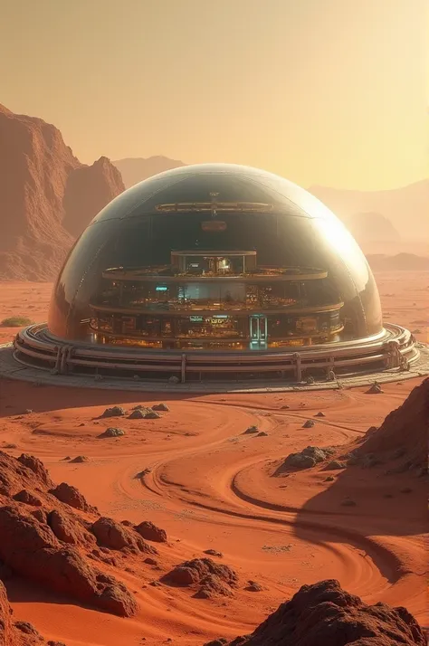  Make an image of what a civilization would look like on the planet Mars, with a large glass dome and houses inside it , without water, without vegetation 