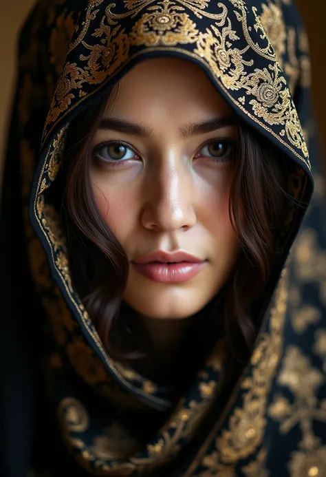 An ultra-detailed portrait of a stunningly beautiful east asian slender woman, wearing an intricately adorned scarf with golden embroidery and embellishments. Her eyes are striking against her dark, ornate veil, which partially covers her face. The fabric ...