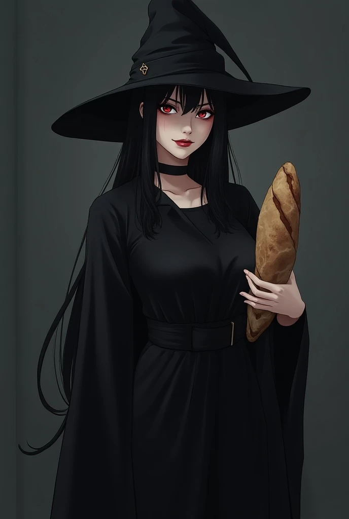 dans un style anime , une femme sorcière sombre habillée en tenue de soirée noir avec fourrure blanche. des cheveux long noir avec des mèches de cheveux blanches. tenant une baguette de pain dans la main
