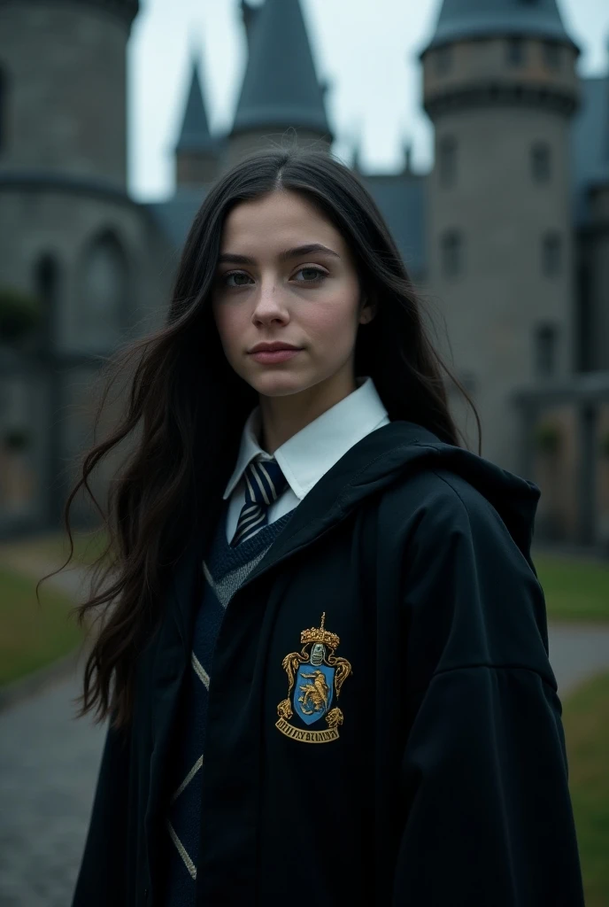 Please show me a live-action photo of a 17-year-old woman wearing white long, all-back hair and a Ravenclaw student at Hogwarts