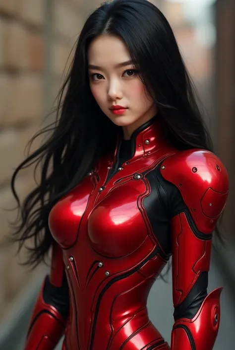 wearing beautiful red metallic power armor、 beautiful Japanese woman.:1.8,, No exposed skin:1.5, smile,Big Breasts:1.5, Black Hair :.5