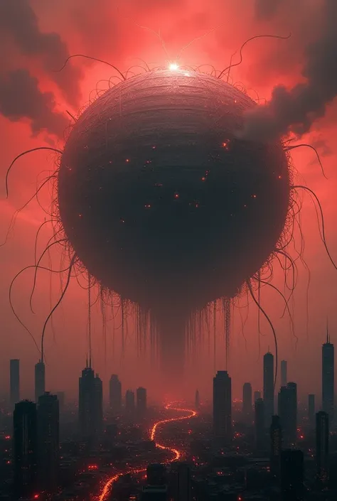 A massive sphere AI that has taken over a metropolitan area. The sky is read and the AI is malicious