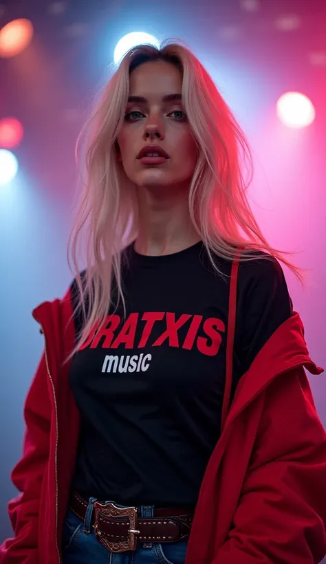  POP ROCK band BRATXIS MUSIC on her t-shirt indicating the group portrait 8k (full body), Photo realistic,  Realistic skin texture ,  super realistic illustration of a sexy 24-year-old woman , white, light eyes, Damask hair , seductive look , on a stage , ...