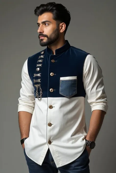 Make a mans panjabi design, 
Collar : velvet  fabric 
Shoulder : use velvet fabric 
Chest pocket : Denim fabric 
Hand cuff: short 3 inch, Velvet fabric 
Boddy fabric : cotton 
colour : white
Velvet fabric colour : navy blue 
Style : Casual 
Fittings: regul...