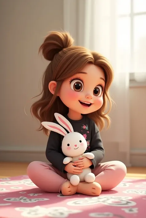 Petite fille de 4 ans aux grands yeux marrons rieurs, cheveux ondulés, longs, châtains attachés en chignon rapide avec raie sur le côté . Elle sourit franchement avec un air coquin. Elle tient un petit doudou blanc à tête de lapin et corps de lange à mini ...